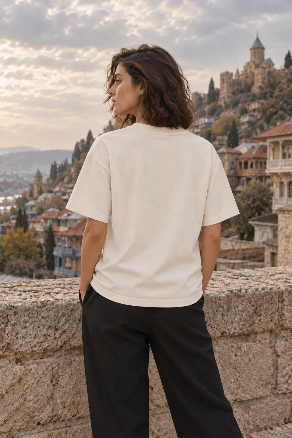 Back of the ivory khinkali tee, Tbilisi skyline behind