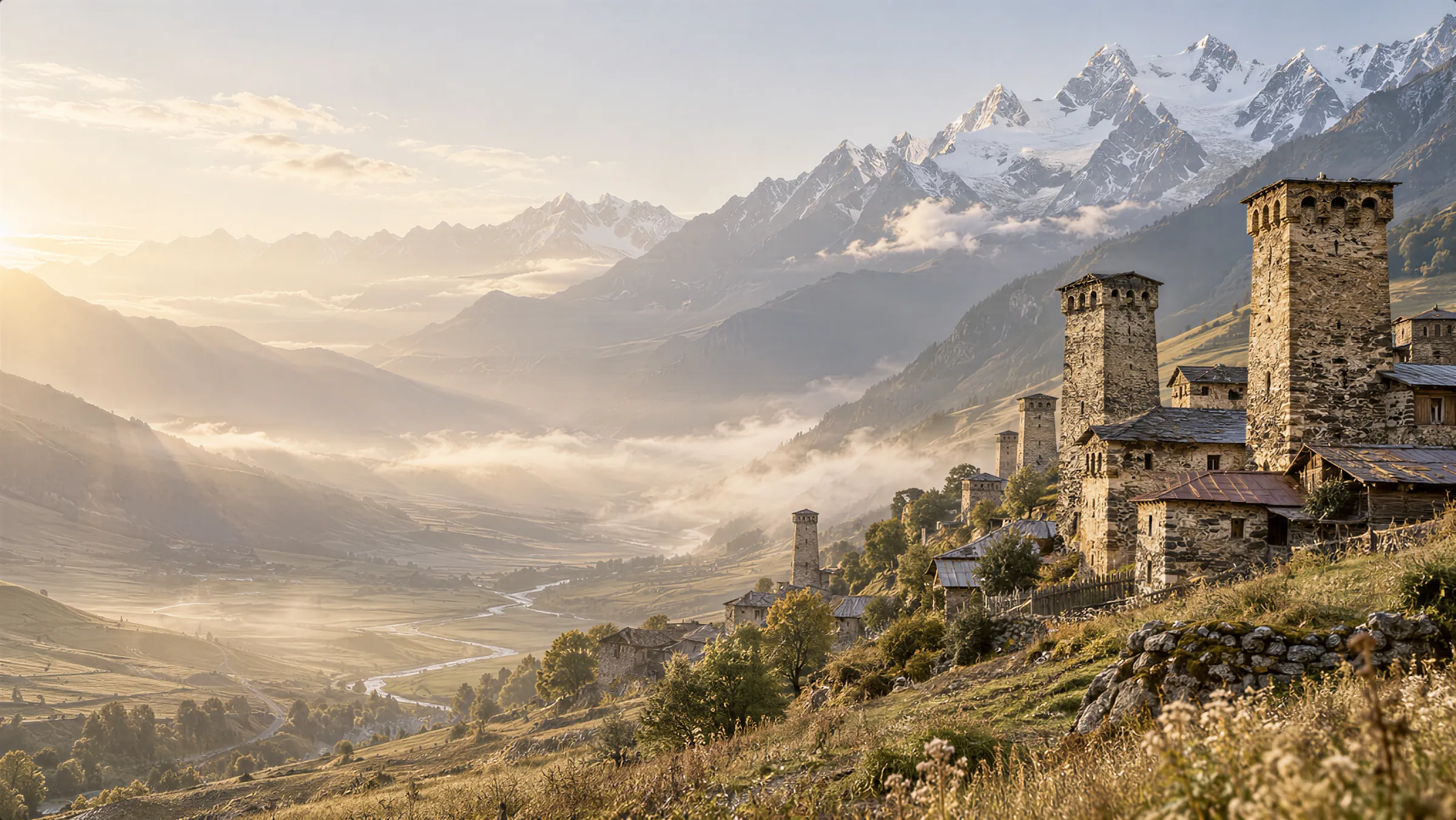 Svan towers below the Caucasus at sunrise