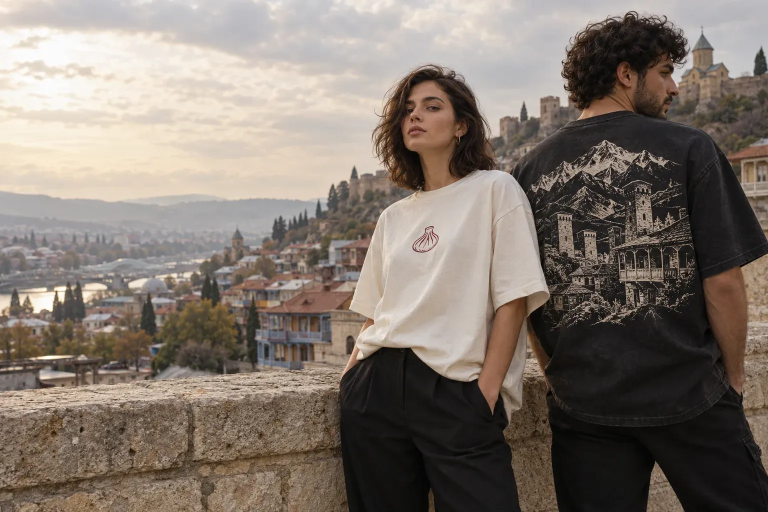 Two people in GENACVALE tees on a stone wall above old Tbilisi